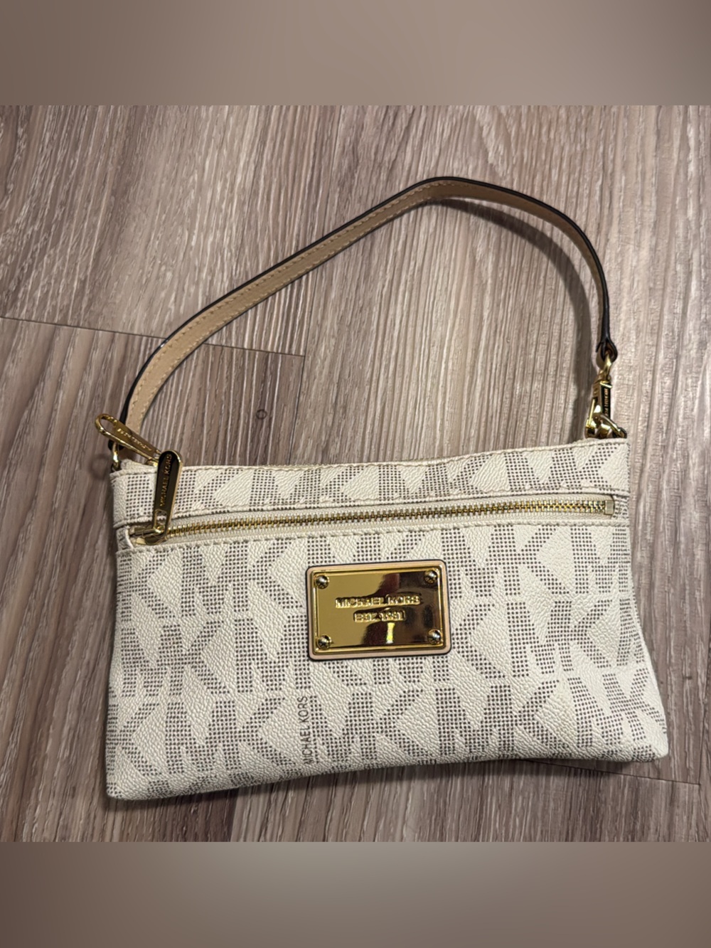 Michael Kors Cream Logo Wristlet with Gold Hardware